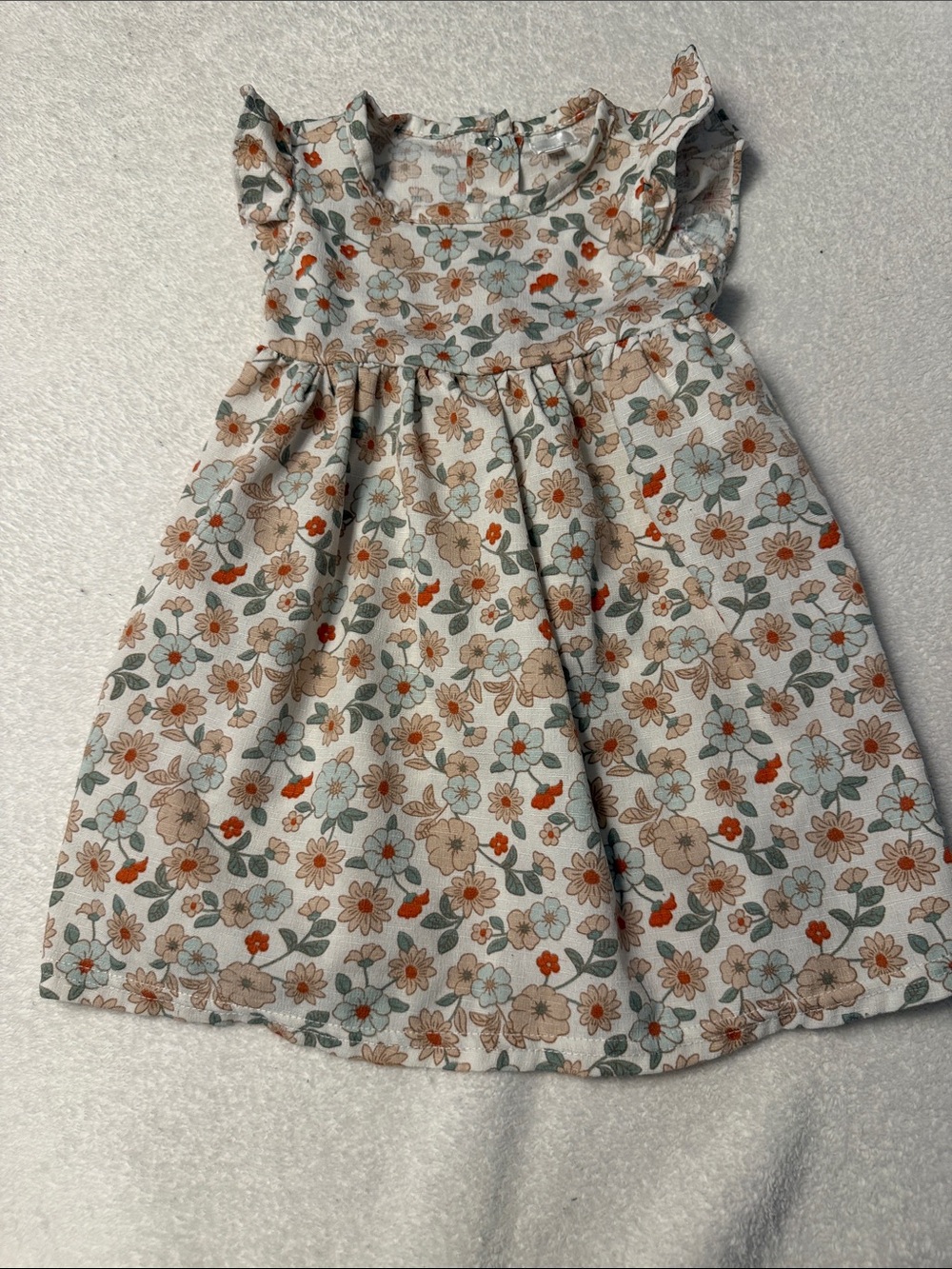 Girls Floral Ruffle Sleeve Dress - Cream with Orange & Blue Flowers